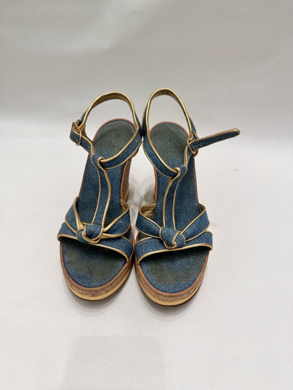 Denim Blue Platform Sandals with Gold Trim - Women's
